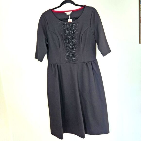 NWT Boden Isabella Black Beaded Ponte Fit & Flare Dress 12L - Picture 1 of 9